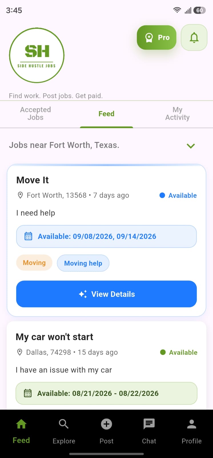 Side Hustle Jobs Feed showing nearby jobs