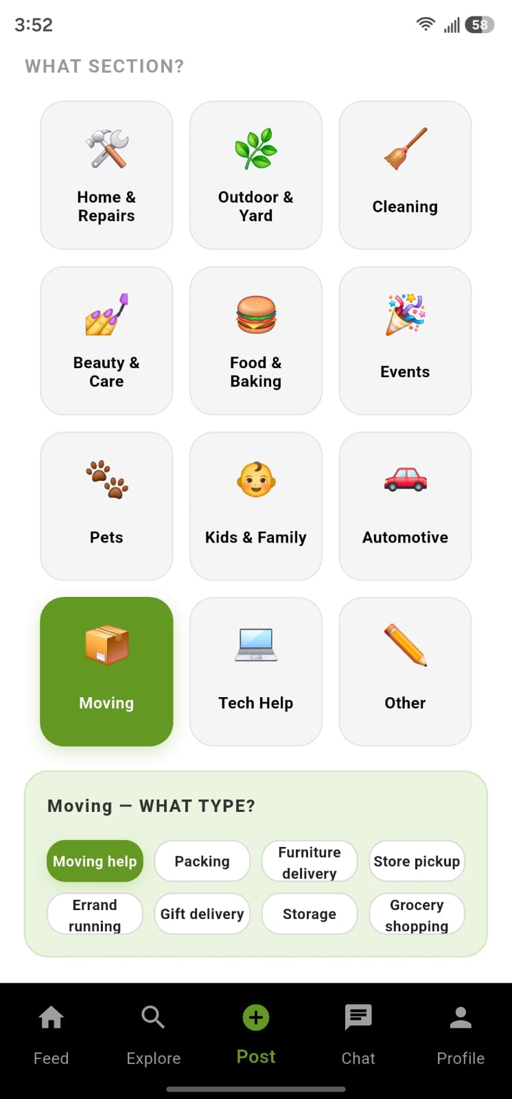 Side Hustle Jobs Post screen for choosing a category and service