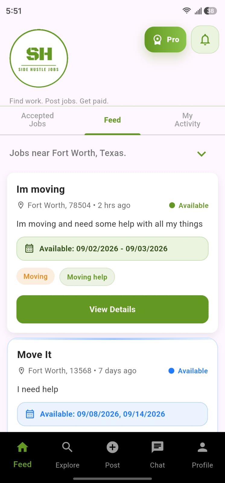 Side Hustle Jobs Feed showing a newly published job