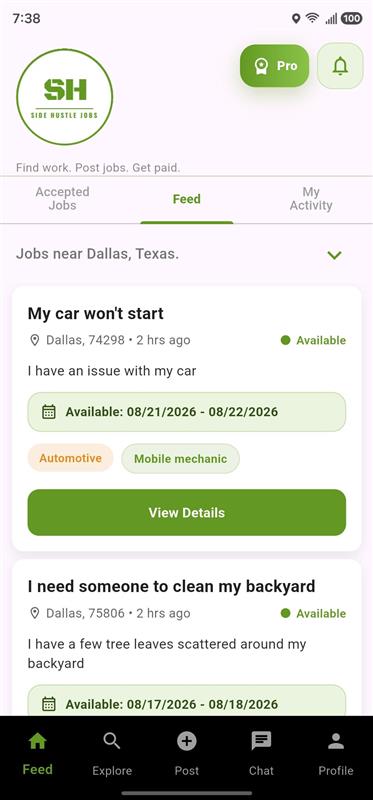 Side Hustle Jobs app showing nearby jobs in the Feed